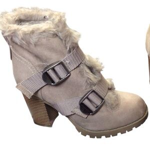 Sugar Tan Heeled Boots with Faux Fur and Buckle Straps
